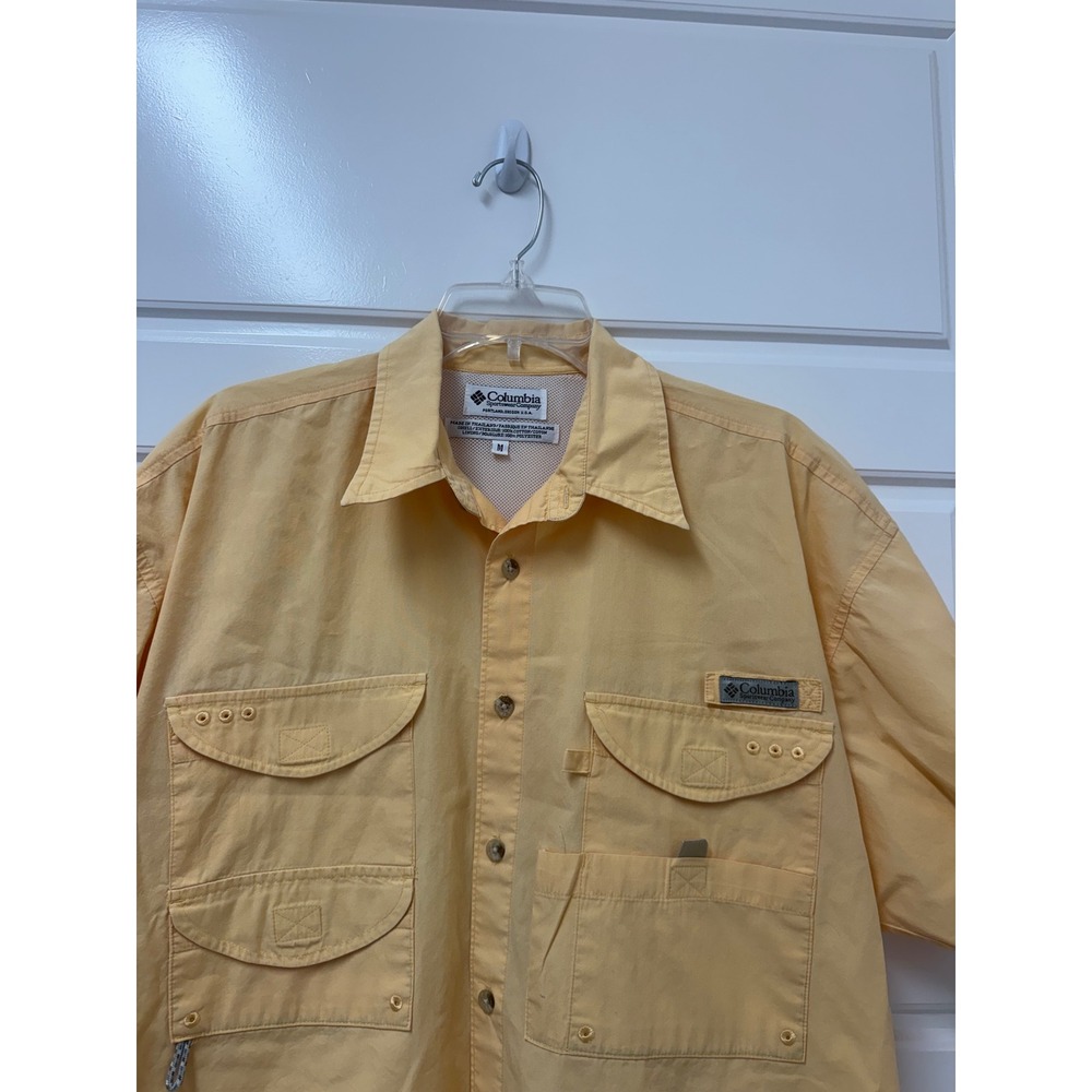 Columbia PFG Mens Short Sleeve Fishing Shirt Yellow Cotton Button Down Medium